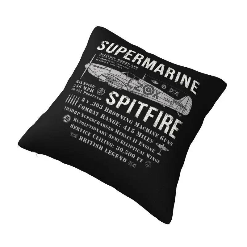 Custom Luxury Supermarine Spitfires Cushion Cover Soft Fighter Plane WW2 War Pilot Aircraft Airplane Throw Pillow for Car Square