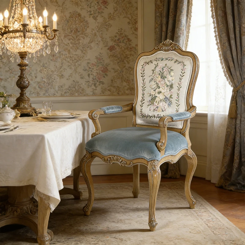 

！@Solid Wood Handmade Carving Hand Painted Romantic Floral Upholstered Classic Furniture Armrest Nordic Style Dining Chairs
