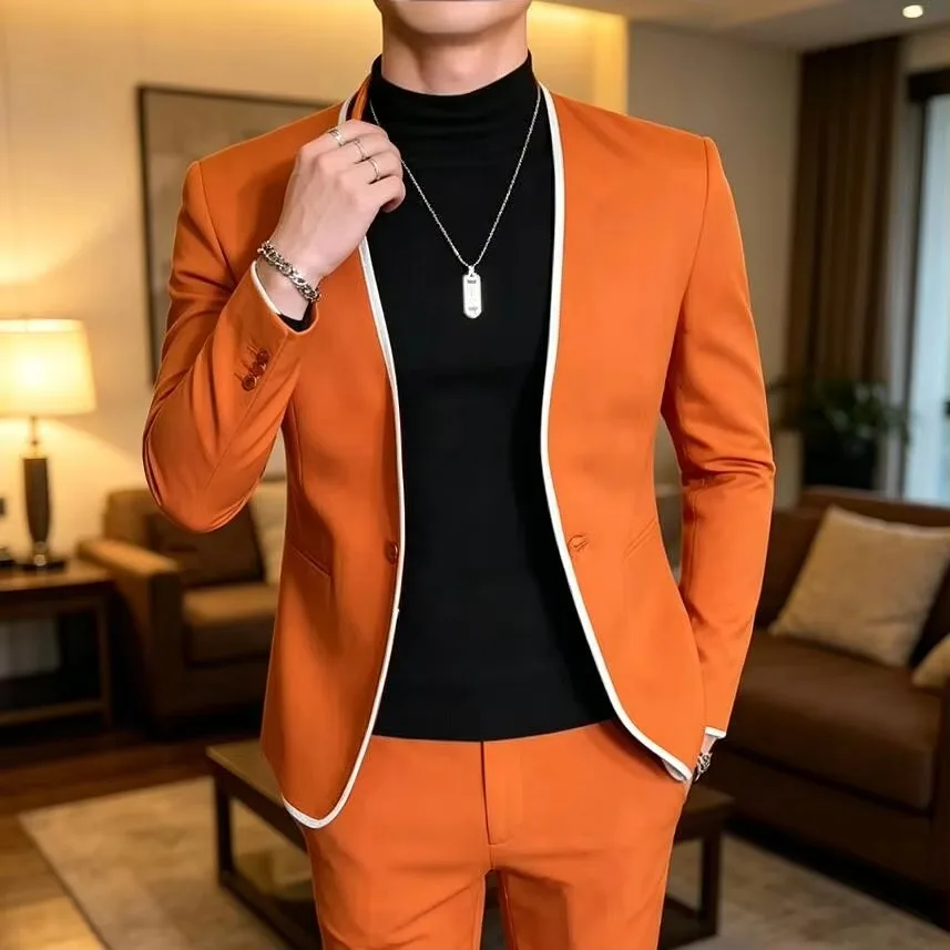 Casual 2 Piece Orange Men Suits Round Collar Blazer with Pants Sets Slim Fit Wedding Tuxedo for Groomsmen Male Fashion Clothing
