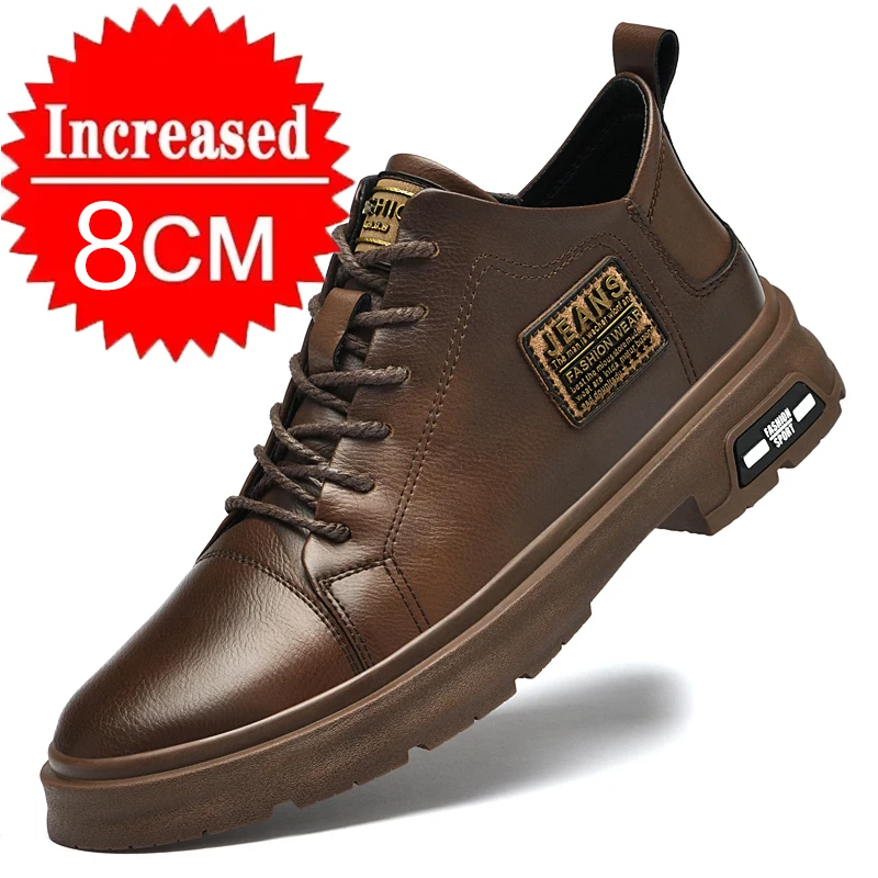 Zapatos con aumento de cuero genuino para hombre, cómodos zapatos con cordones informales con elevador, plantilla deportiva transpirable con aumento de altura de 8CM