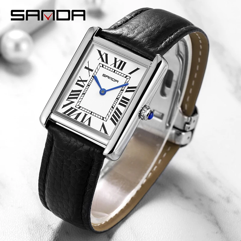 Fashion SANDA Rectangular Wrist Watches for Women Silver Case Ladies Watch Luxury Brand Leather Band Quartz Clock zegarek damski