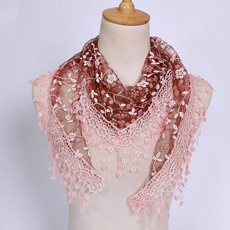 2023 New Floral Lace Triangle Scarf Tassel Shawl Female Classic Casual Transparent Breathable Scarves Sunscreen