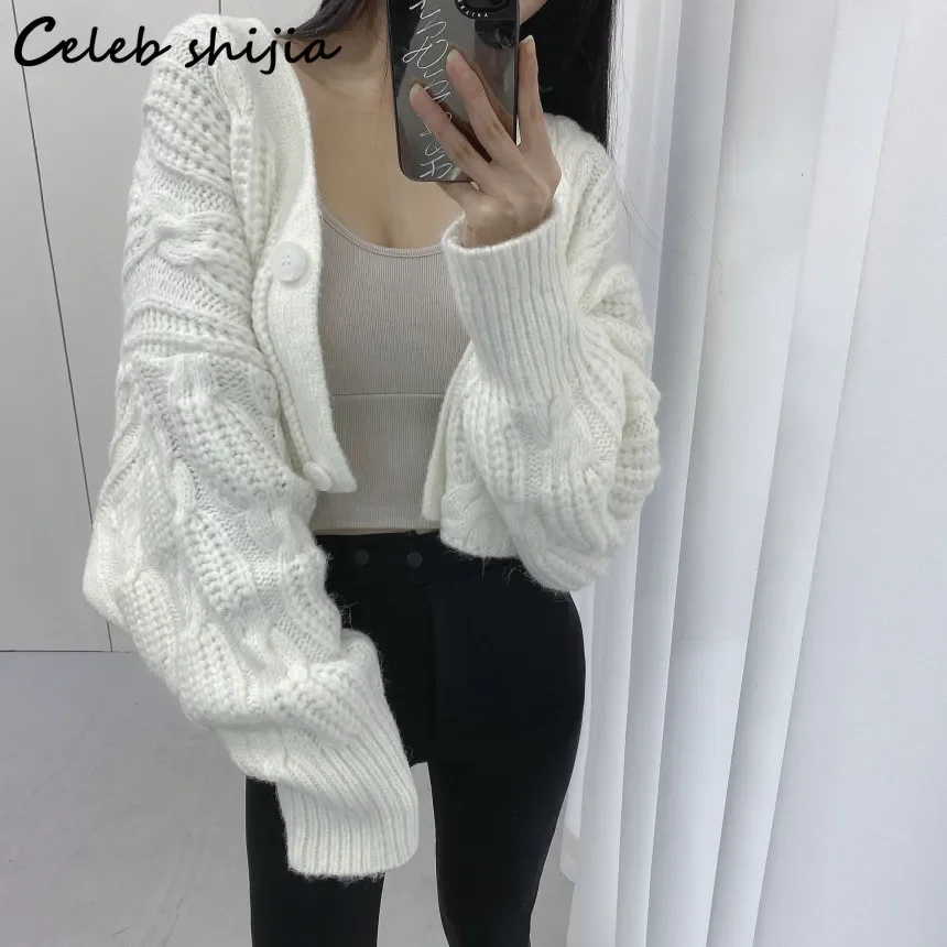 White Woolen Cardigan Women Winter Autumn Oversized V Neck Knitted Coat Female Long-sleeve Chic Korean Sweater Cardigans