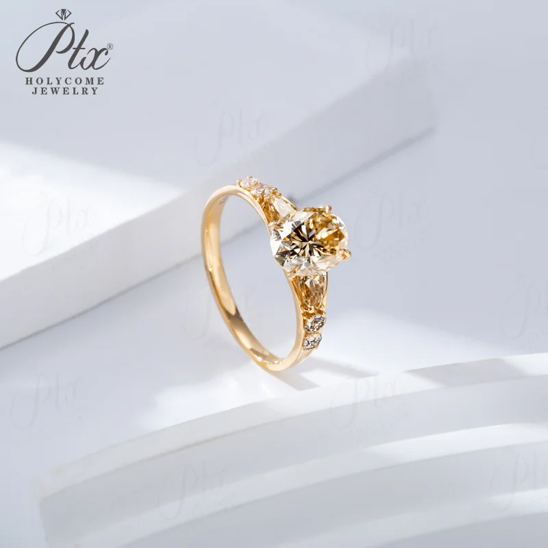 2-Karat-Ring mit ovalem Schliff, Moissanit, D, weiß, Champagnerfarbe, echtes 18-karätiges Gold, klassischer Verlobungs- und Ehering, Charms, Holycome Jewelry – Detail 7