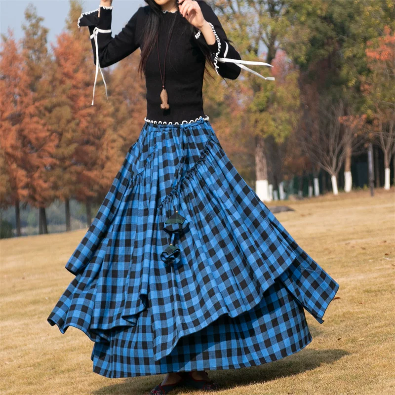 Women\'s Skirt Spring Autumn Winter New Plaid Skirts Elastic Waist A-Line Retro Elegant Swing Skirts Female Dance Clothes