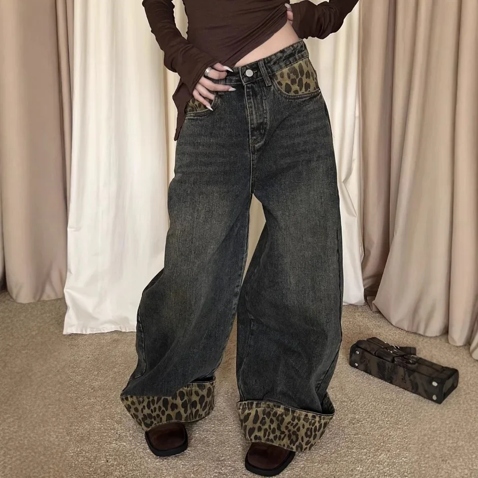 American Vintage Leopard Splice Jean Rolled Edge Button Loose Pocket High Waist Ankle Length Pants Street Style Woman Autumn