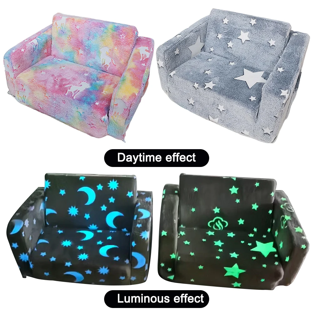 Toddler Kids Couch 2-in-1 Toddler Soft Couch Fold Out Toddler Chair Glow in Dark Convertible Plush Foam Chair for Girls and Boys