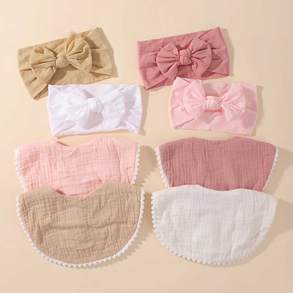 4 Pair of Baby Girl Headbands Knotted Bow Turban & Lace Pom‑pom Edge Cotton Headwraps Soft Elastic Newborn Hair Decor Set