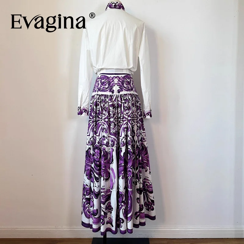 Evagina 2025 Otoño e Invierno Falda con volantes de viaje en la playa con estampado de cerámica púrpura Falda de cintura alta de algodón