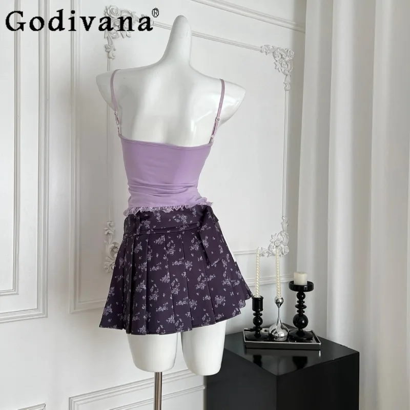 サマーパープルロリータセット レディース 純正オリジナルデザイン セクシー トップスとショートスカートスーツ 女性用スリムプリンセス ツーピース outfits