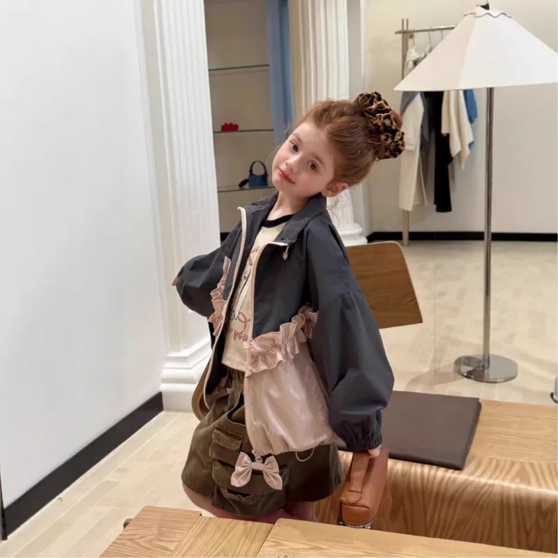 26 Spring Summer New Korean Sweet Girls Bow Drawstring Waist Lace Jacket Trench Coat 2-14 Years Toddler Outfit Windproof Outfit