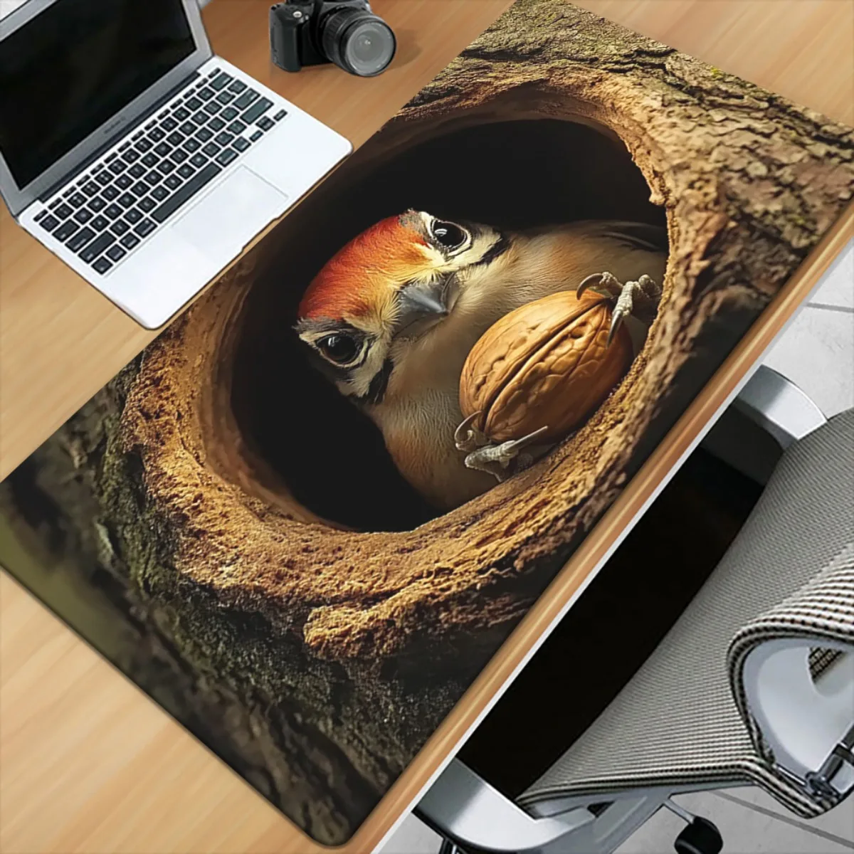 1pc Woodpecker in Tree Hole Design Mouse Pad - Non-Slip Rubber Base Gaming & Office Desk Mat with Vivid Nature Artwork, Durable