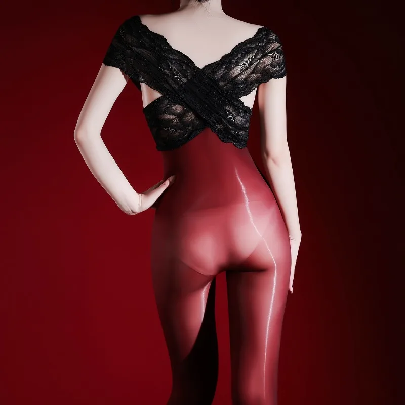 Sexy Bodystockings Women Oil Shiny Glossy Shaping Tights Transparent Jumpsuits Lace Tops High Elastic Pantyhose Nightclub Wear