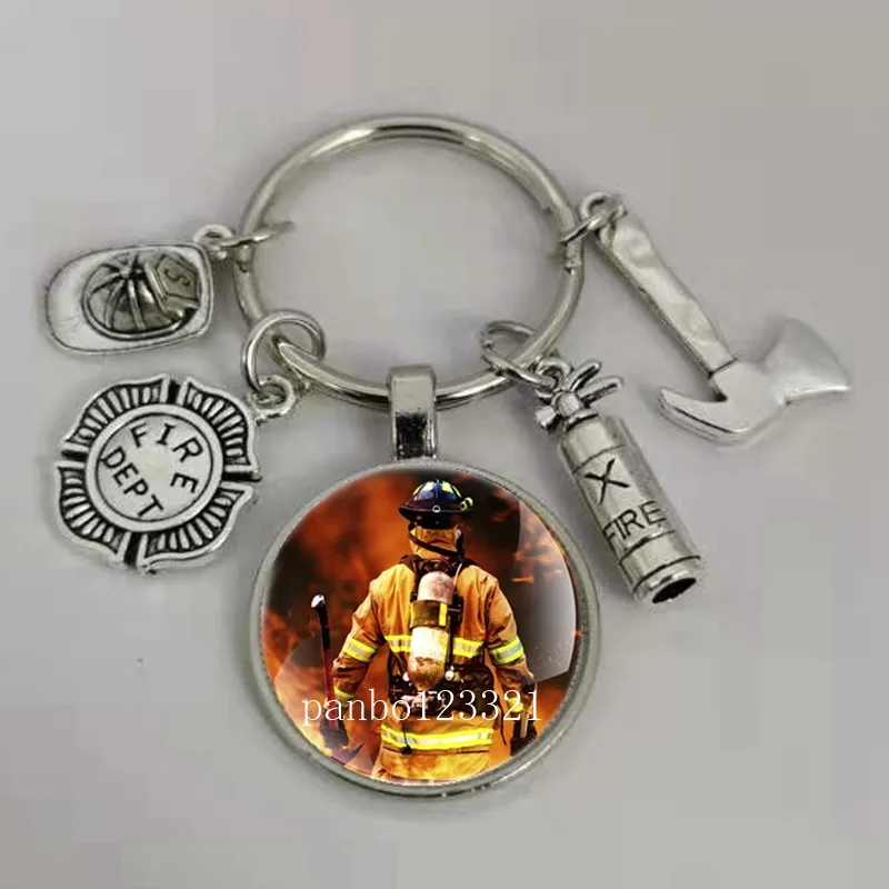 New firefighter logo glass dome keychain fire pattern key ring fire tool decoration jewelry gift