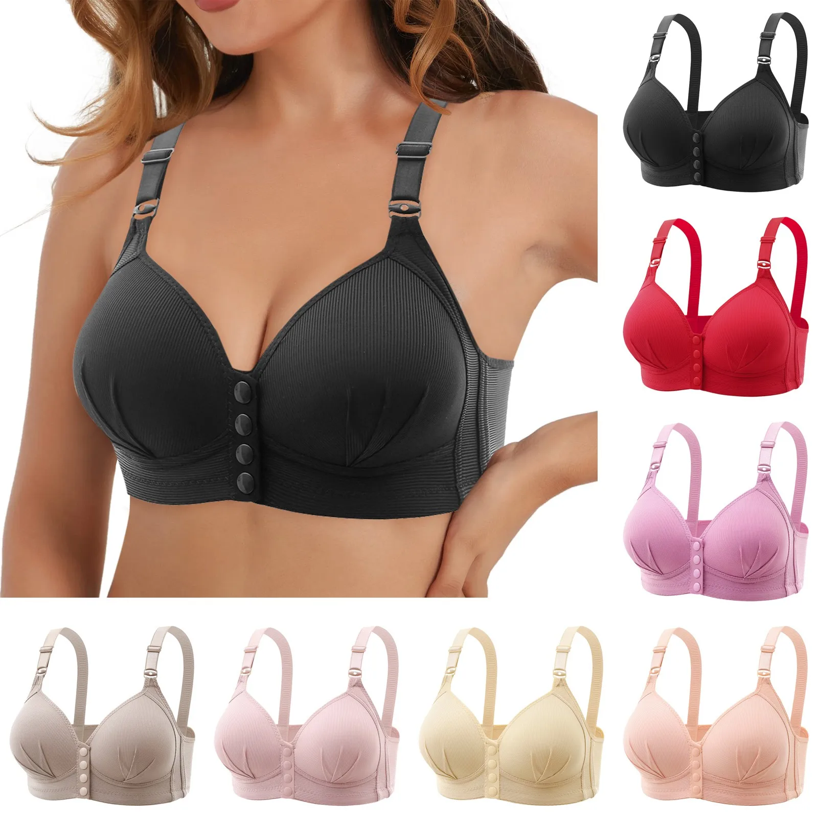 

New Large Size Front Button Underwear Sexy Push Up Thin Cup Button Undershirt Type Middle-aged Mother Bras Soft Breathable