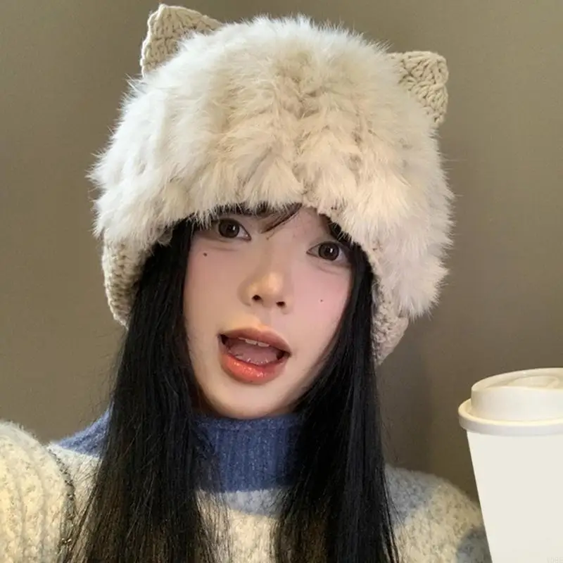 Winter Warm Plush Cats Ear Hat for All Age Knitted Hat Outdoor Activity Caps Cold Weather Windproof Hat Headwear Y08E
