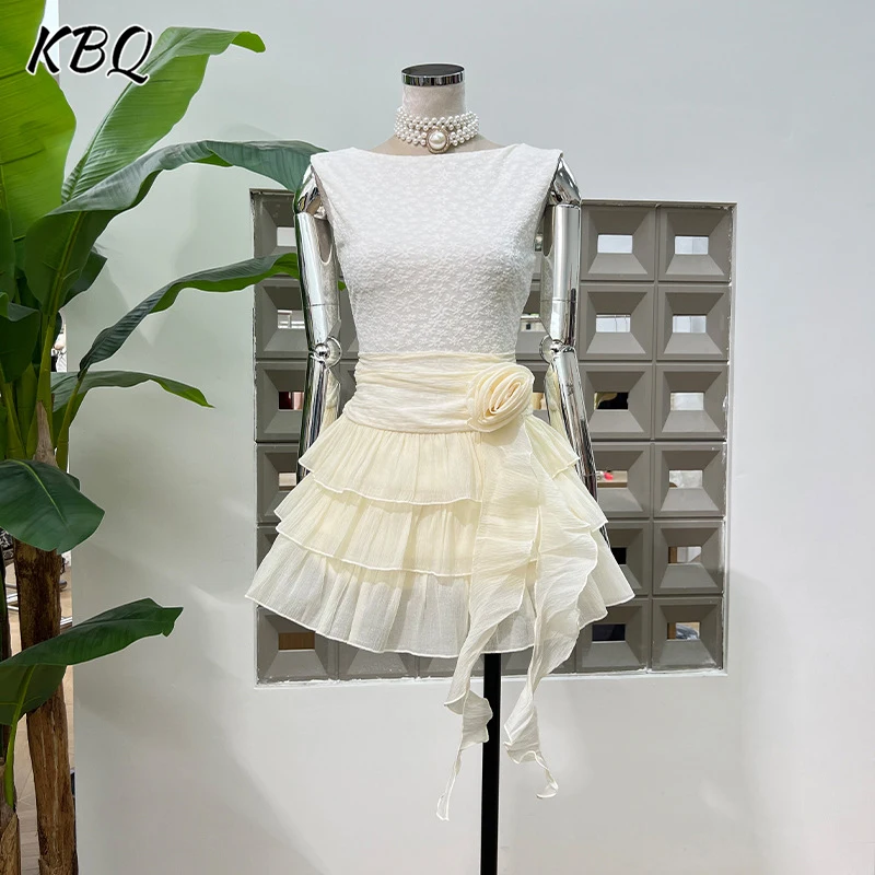 

KBQ Temperament Slimming A Line Dresses for Women Round Neck Sleeveless High Waist Temperament Dress Female Fashion Style New