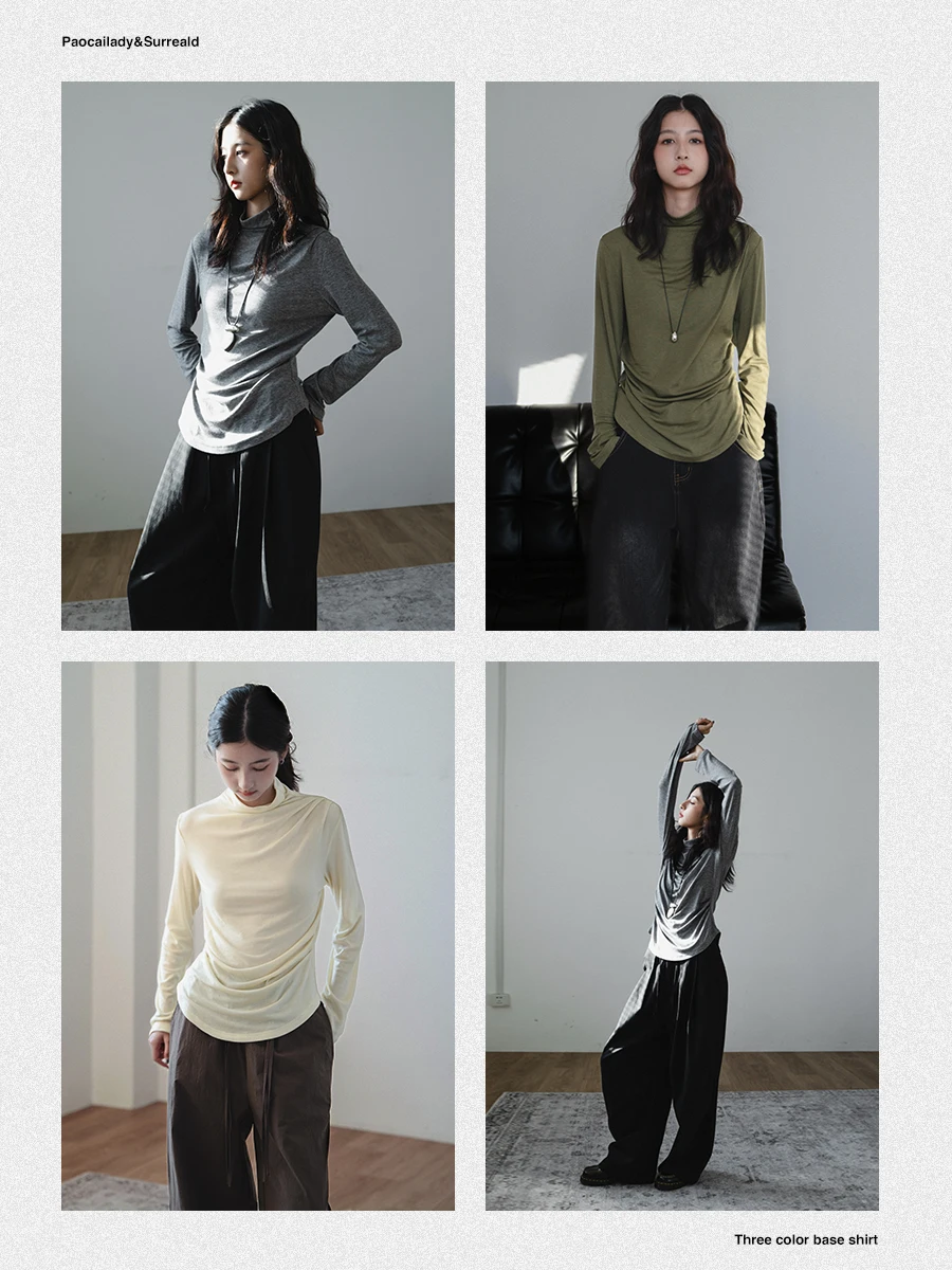 

Осенне-зимняя базовая футболка с длинным рукавом, драпированным дизайном, утягивающая, мягкая, тонкая, для ношения под одеждой, для поездок на работу, йоги, активного отдыха, свиданий, повседневная