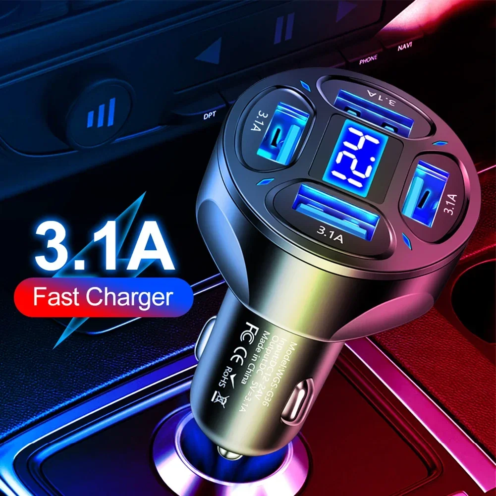 4Ports USB Car Charger Adapter LED Display 3.1A Fast Charging Accessories Monitors The Car Battery Voltage In Real