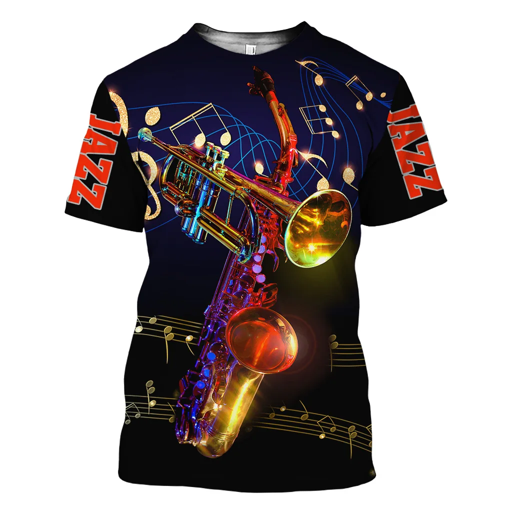 Jazz 3D Print Sax Guitar Clarinet Men\'s T-shirt Classic Music Instruments Short Sleeve Hip Hop Pop Casual Tees Round Collar Tops