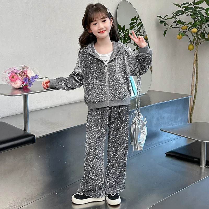 

Girls Coat +Pants Kids Suits 2PCS/Set Cotton 2024 Sequin Spring Autumn Cotton Tracksuit Jogging Suit Christmas Gift Children Clo