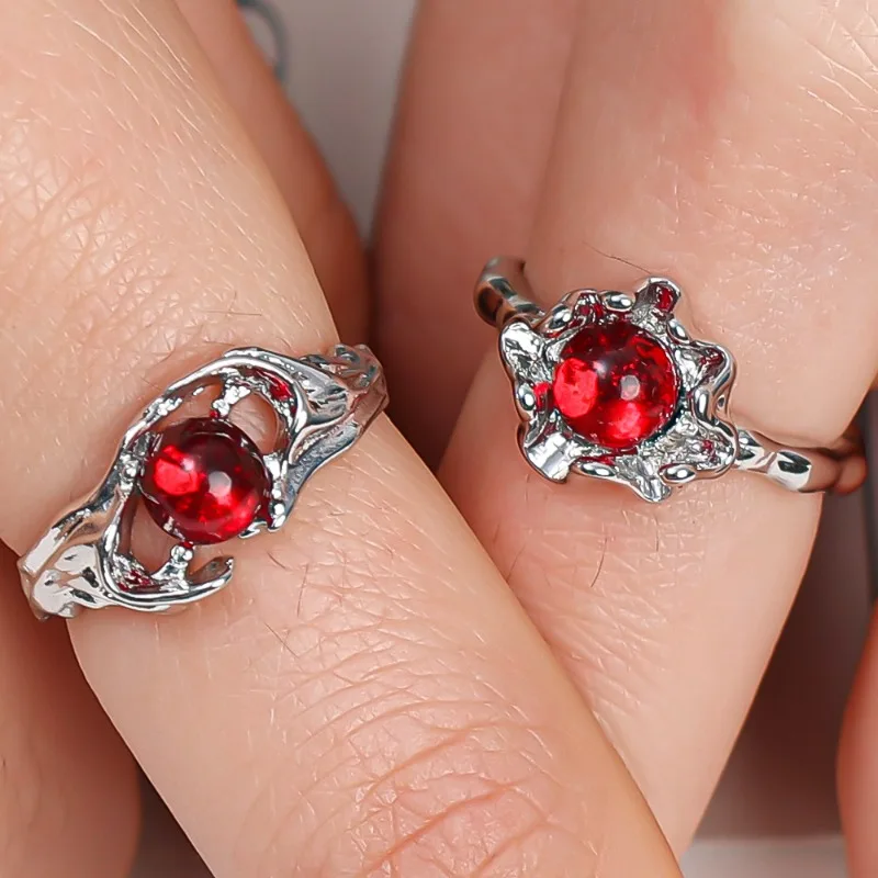 Red Gemstone Rings Liquid Hollow Irregular Adjustable Open Vintage Aesthetic Flower Women Men Y2K Metal Jewelry Accessories