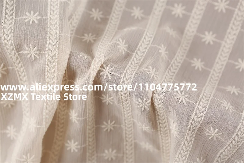 Boho Style Star Flower Vertical Stripe Embroidered Crinkle Cotton Fabric For Women Casual Apparel