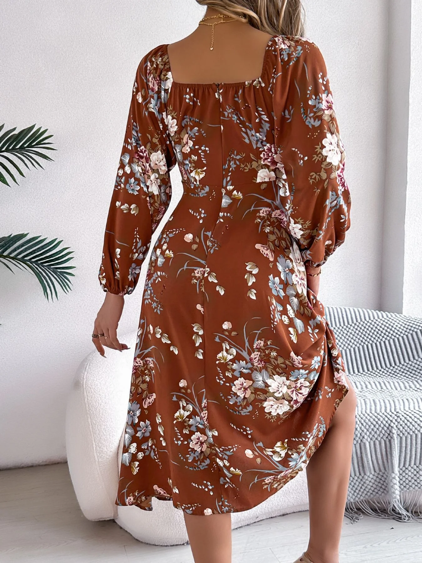 V-Neck Floral Print Tie Front Slit Midi Dress Long Sleeve Vacation