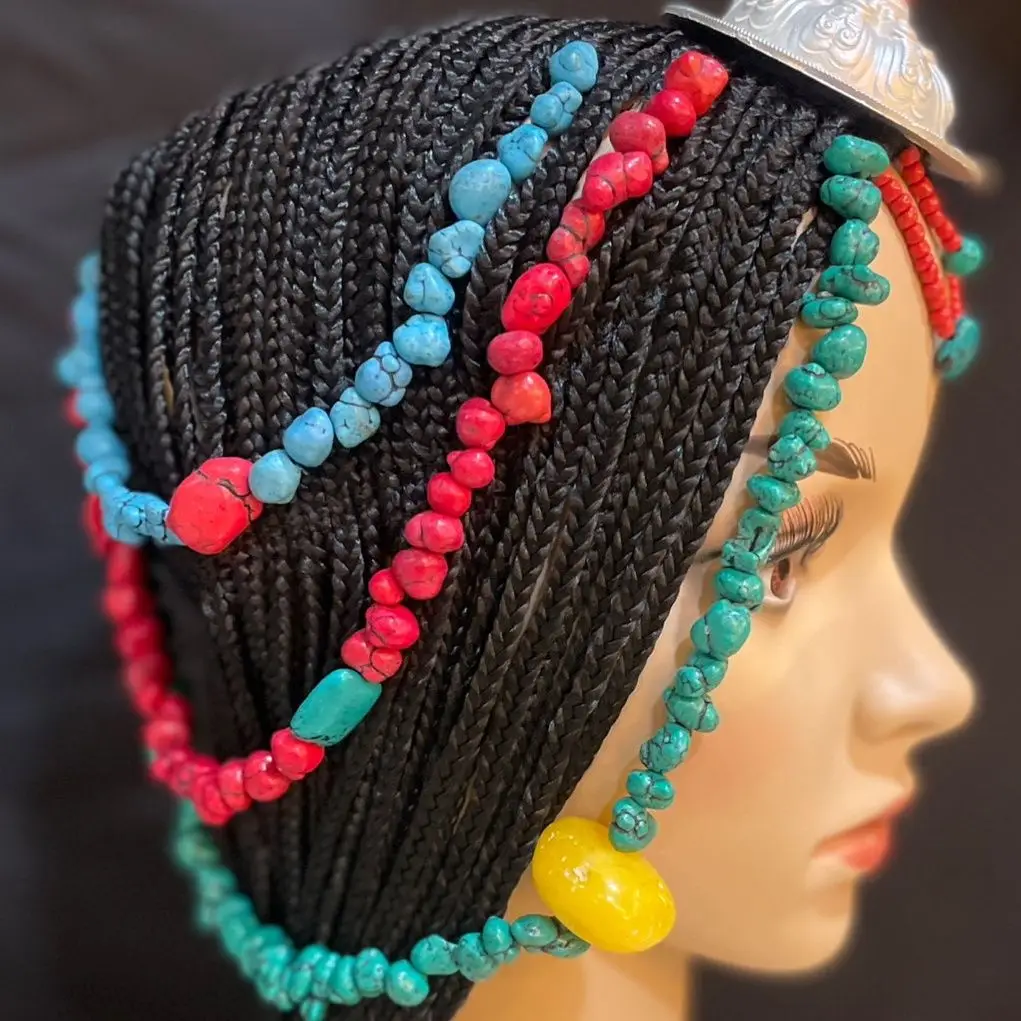 Peluca tibetana de una pieza, cabello trenzado, trenzas, diadema a presión, diadema negra.