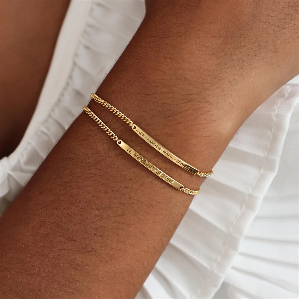 

Custom Minimalist Jewelry Name Bar Bracelet Personalized Simple Delicate Thin Cuff Bangle Bridesmaid Wedding Graduation Gift