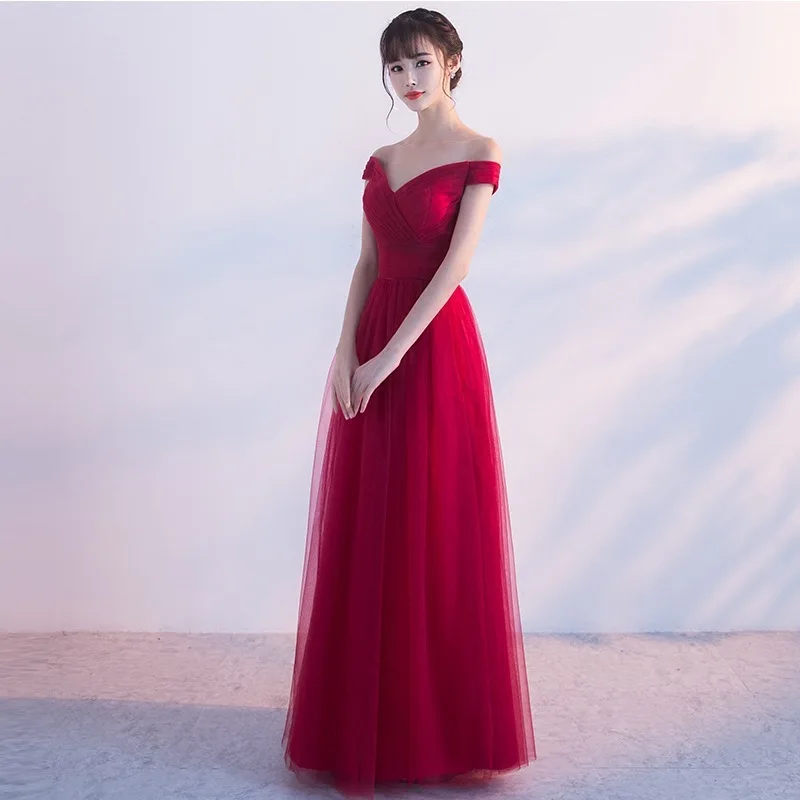 Brinde de noiva 2025 novo inverno sexy fora do ombro longo vermelho banquete de casamento vestido de noite festa de casamento vestido formal