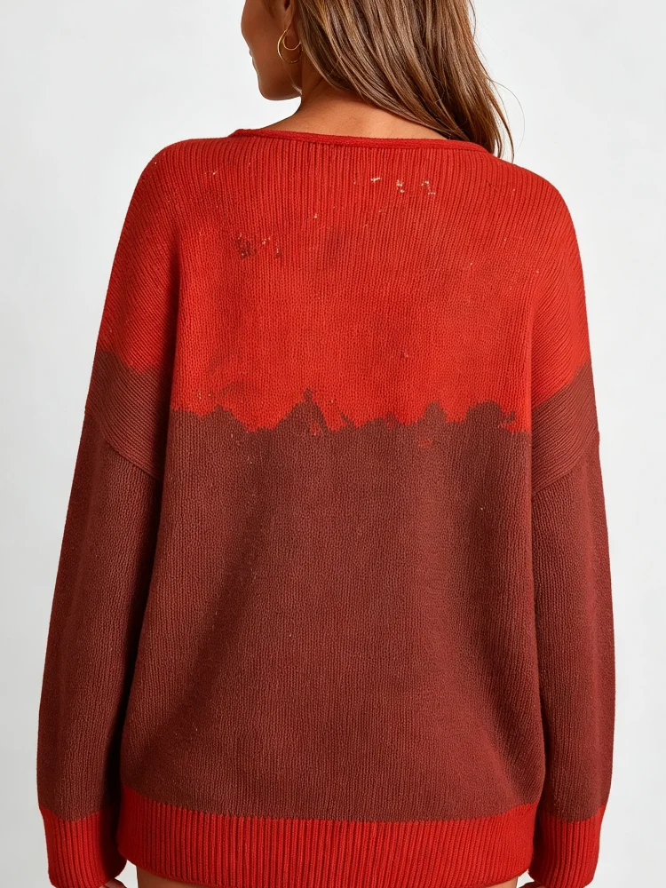 Women's Red Off-Shoulder Knitted Christmas Sweater with an Oil Painting of Santa Claus Design, Long-Sleeved Knitted Festive Winter Pullover Shirt