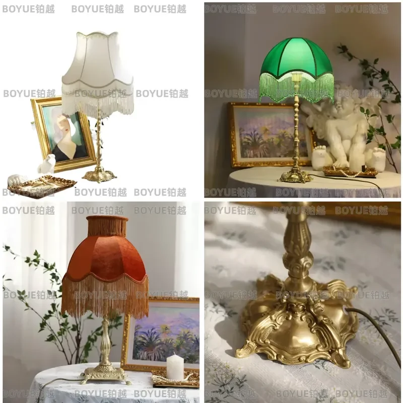 Retro French American Brass Table Lamp with Red Green White Fringe Decorative Bedside Light for Living Room Bedroom