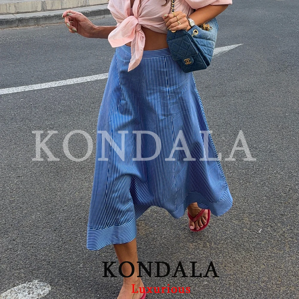KONDALA Sweet Trendy Women Long Cape Midi Skirt Striped Zipper Draped Skirt Fashion 2026 Summer Fall Holiday Night Out Skirt