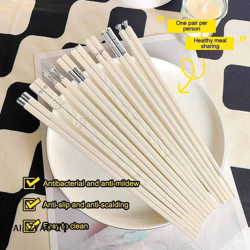【O】5/10Pairs White Gold Chopsticks Set Reusable Non-Slip, Healthy Korean Sushi Sticks for Party Hotel Restaurant