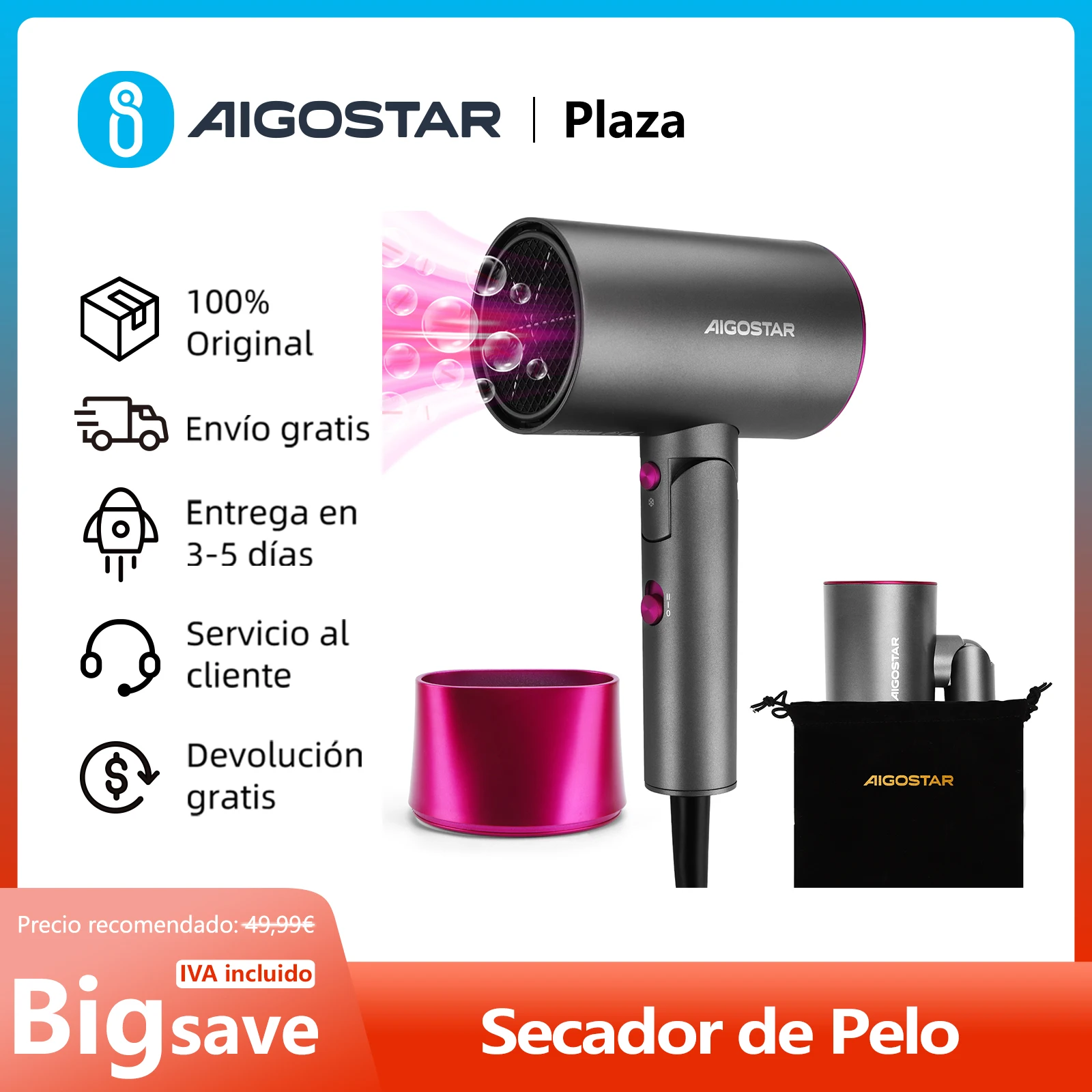 Secador de Pelo Ionico, Ocupa poco Espacio: Mango Plegable, 2 Velocidades, 3 Temperaturas, Boquilla Concentrador, 2100W