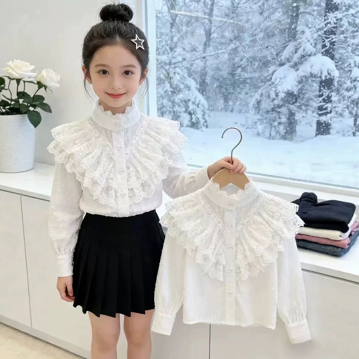 

Childrens Shirt Pure Cotton Long Sleeved Spring and Autumn Style High End Female Student Ruffle Edge Shirt Lace Top