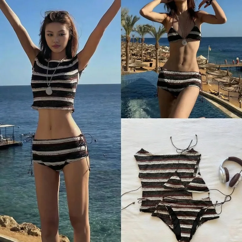 

2026 New 4pcs Retro Striped Sloping Shoulder Hot Girl Split Bikini Niche High-end Sexy Small Chest Hot Spring Swimsuit