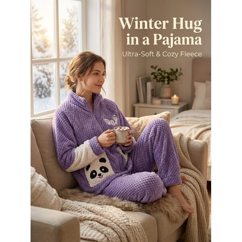 Women's Purple Coral Fleece Pajama Set, Zip Front Stand Collar Top with Panda Pockets and Long Pants Soft Warm Cozy Comfy Winter