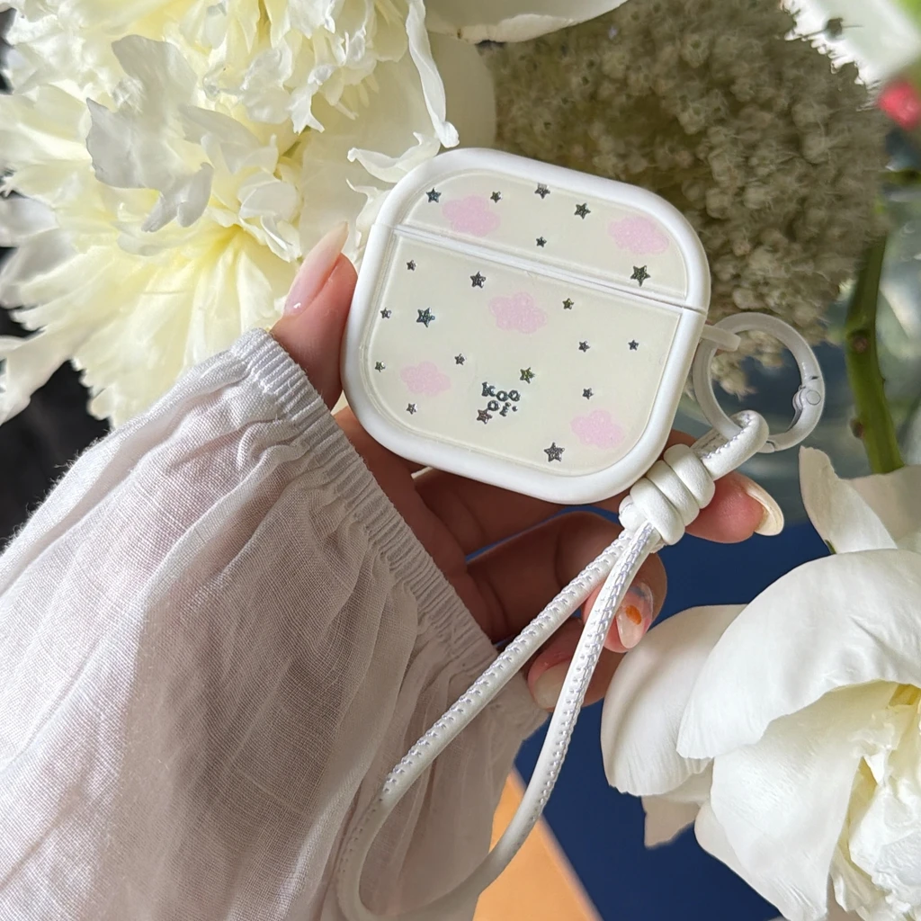 Fresh Pink Cloud Stars Pattern Magnetic Lid With Lanyard Shock Proof Earphone Cover Case for AirPods 1 or 2 3 4 5 Pro 2 Pro 3
