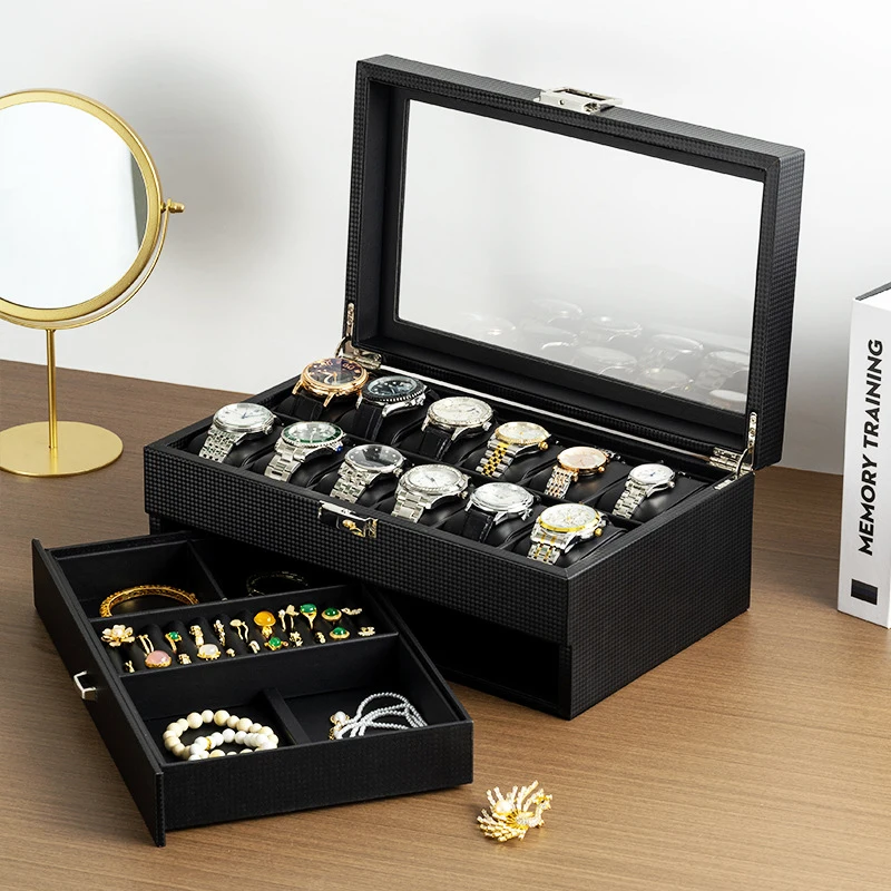 

Двухслойная шкатулка для украшений из углеродного волокна и полиуретана, на 12 часов, органайзер для хранения на рабочем столе, элитная подарочная упаковка для мужчин и женщин