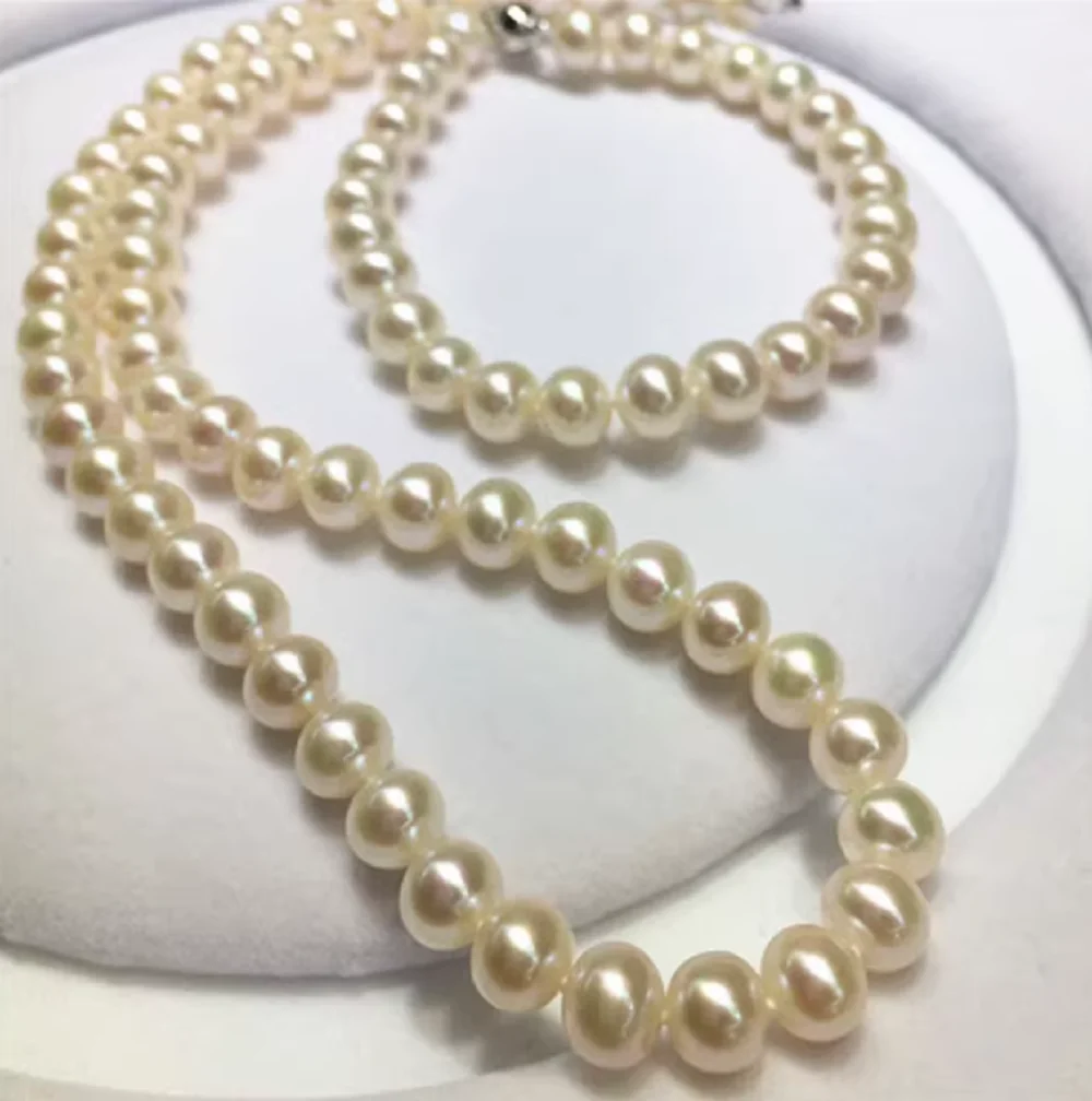 

Natural Pearl AAAA8-9mm Japanese White Pearl Necklace 18in+Bracelet 7.5-8in 925s Button