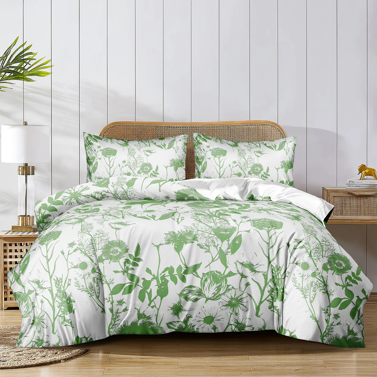 Green Branches Duvet Cover Set Boho Leaves Bedding Set Cottage Rustic Quilt Cover Soft 3 PCS Bedding with Pillowcases