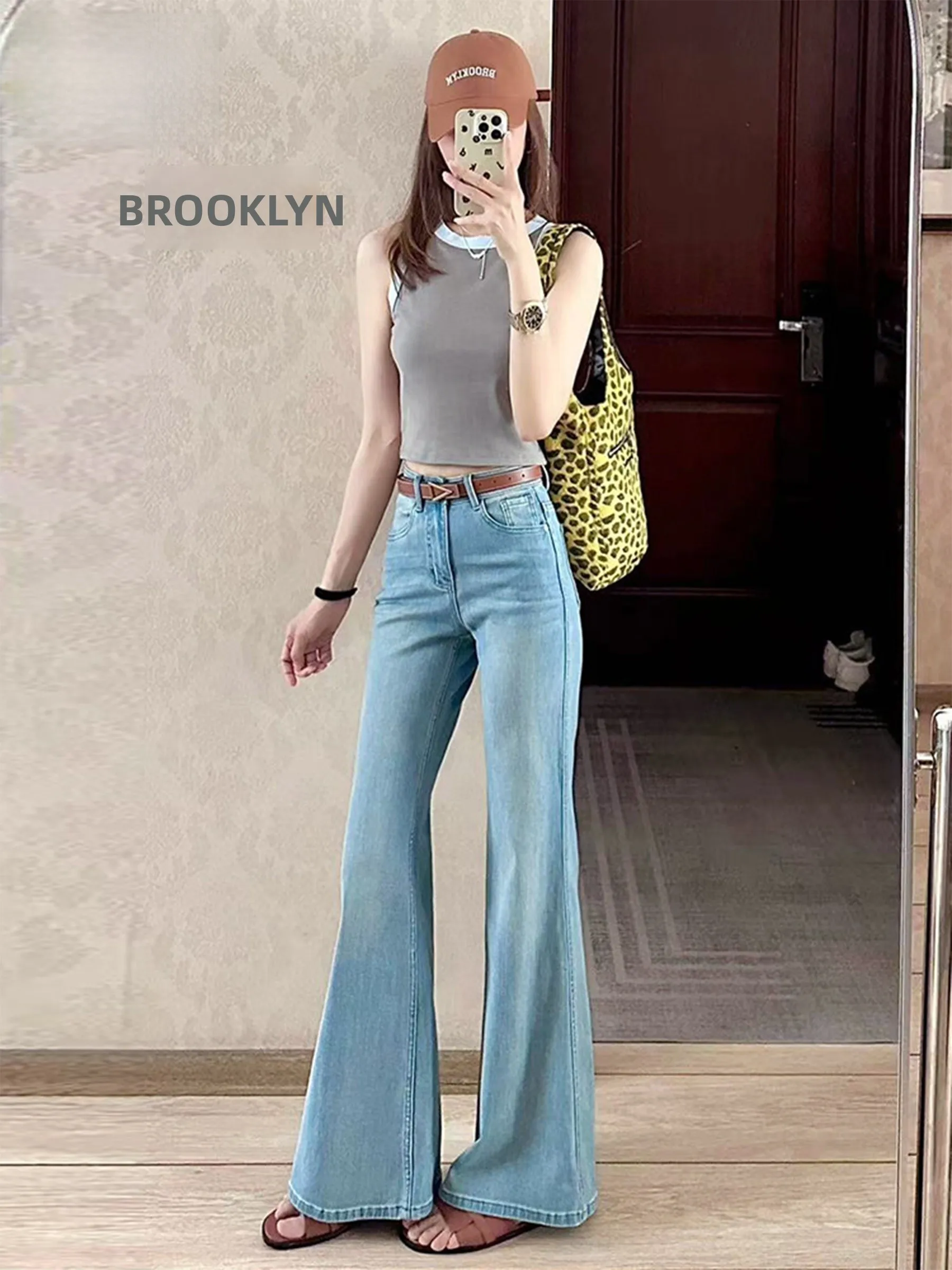 

Blue American Retro Wide Leg Denim Jeans Women's Summer Hot Girl High Waist Floor Length Pants Casual Loose Fit