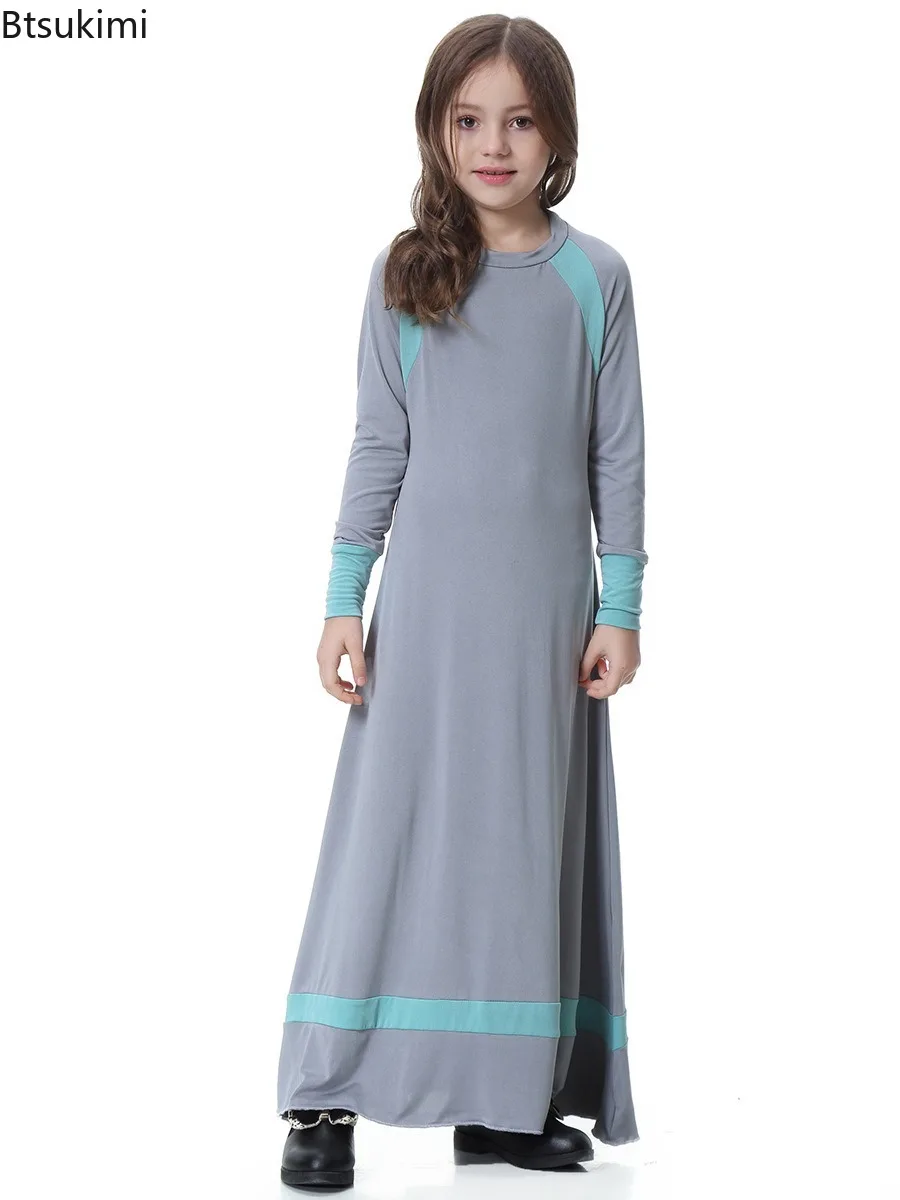 2025 Midden-oosten Arabische Kinderen Kaftan Gewaad Ramadan Moslim Abaya Meisjes Lange Mouw Color Blocking Jurk Kinderen Islamitische Party Kleding