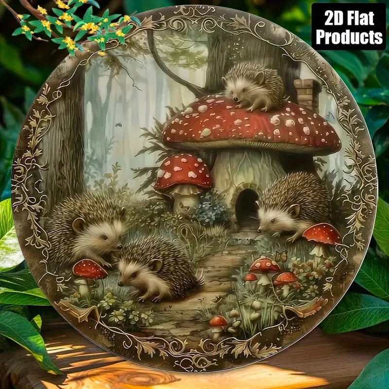 2D Flat Vintage Aluminum Wall Sign Hedgehog Family Cute Animal Art for Room Cafe Indoor Outdoor Wall Decoration