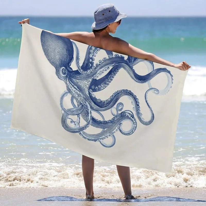 Vintage Blue Octopus Beach Towel Nautical Marine Art Print Quick Dry Sandproof Absorbent Towel for Beach Travel Vacation
