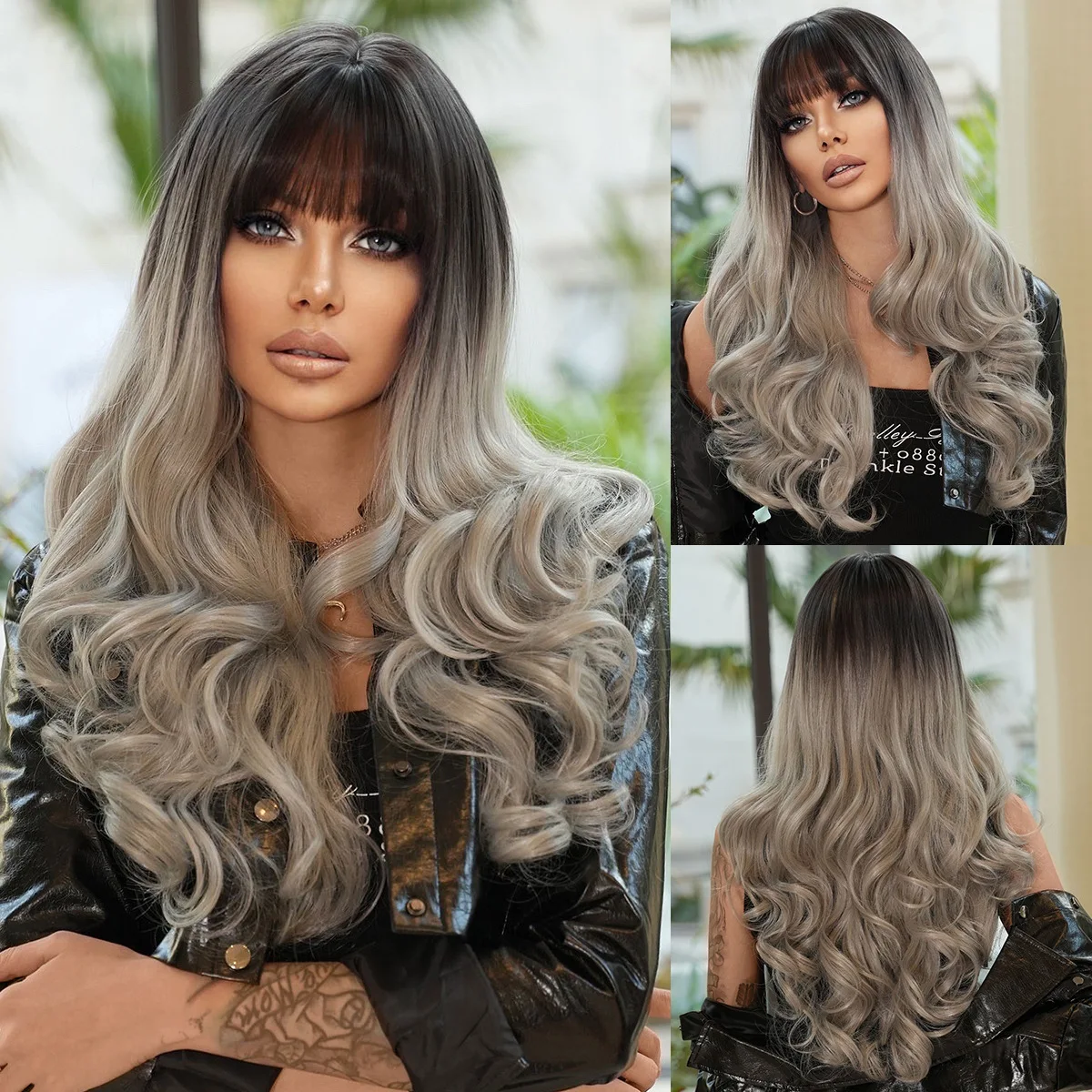 

Fashion gradual change silver gray long curly hair big curl full head wig female stage performance wig whole top