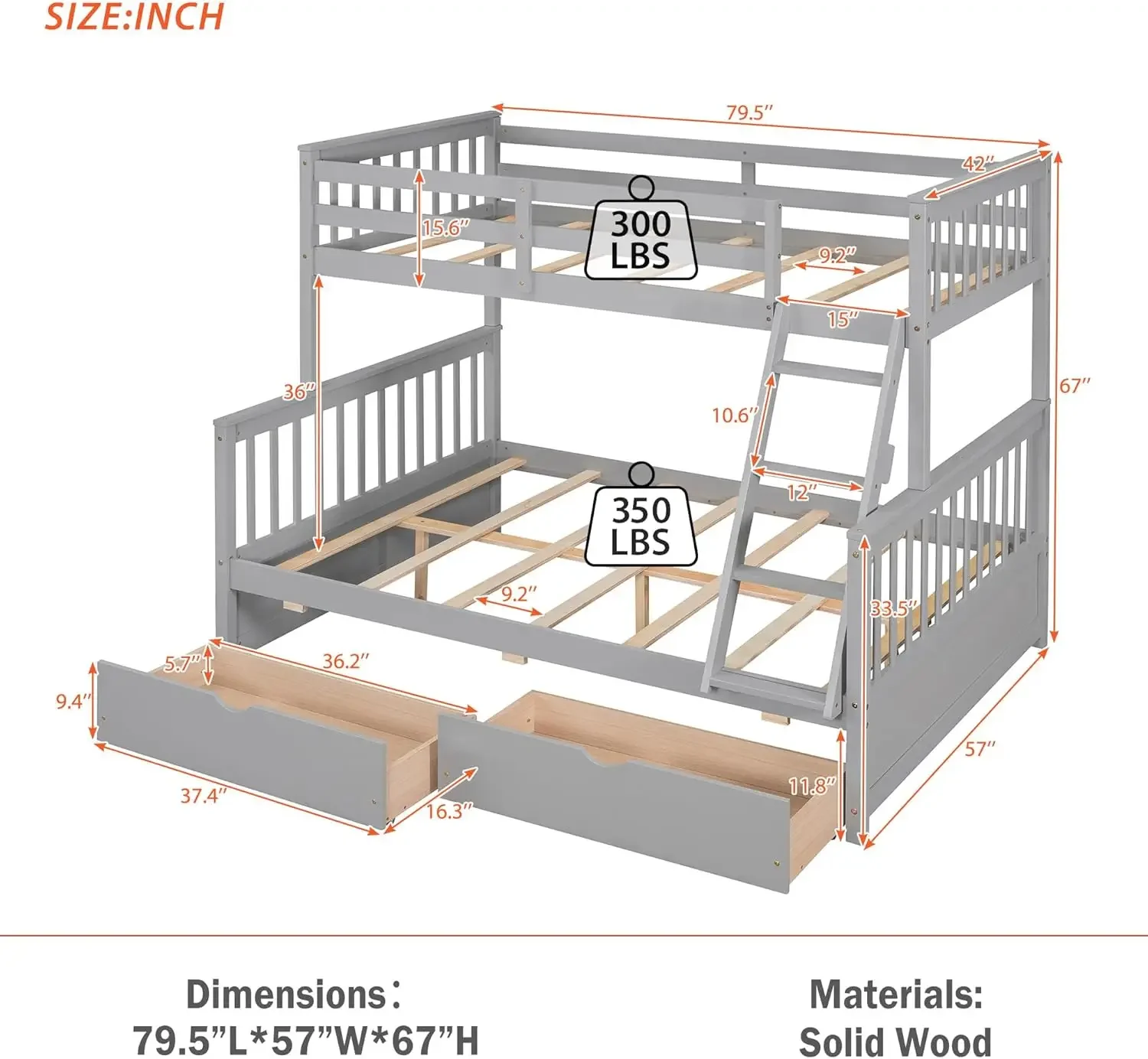 Wood Bunk Bed with Drawers,Convertible Wood Bunk Bed with Ladders and Two Storage Drawers,Solid Wood Detachable Bunk Bed Frame w