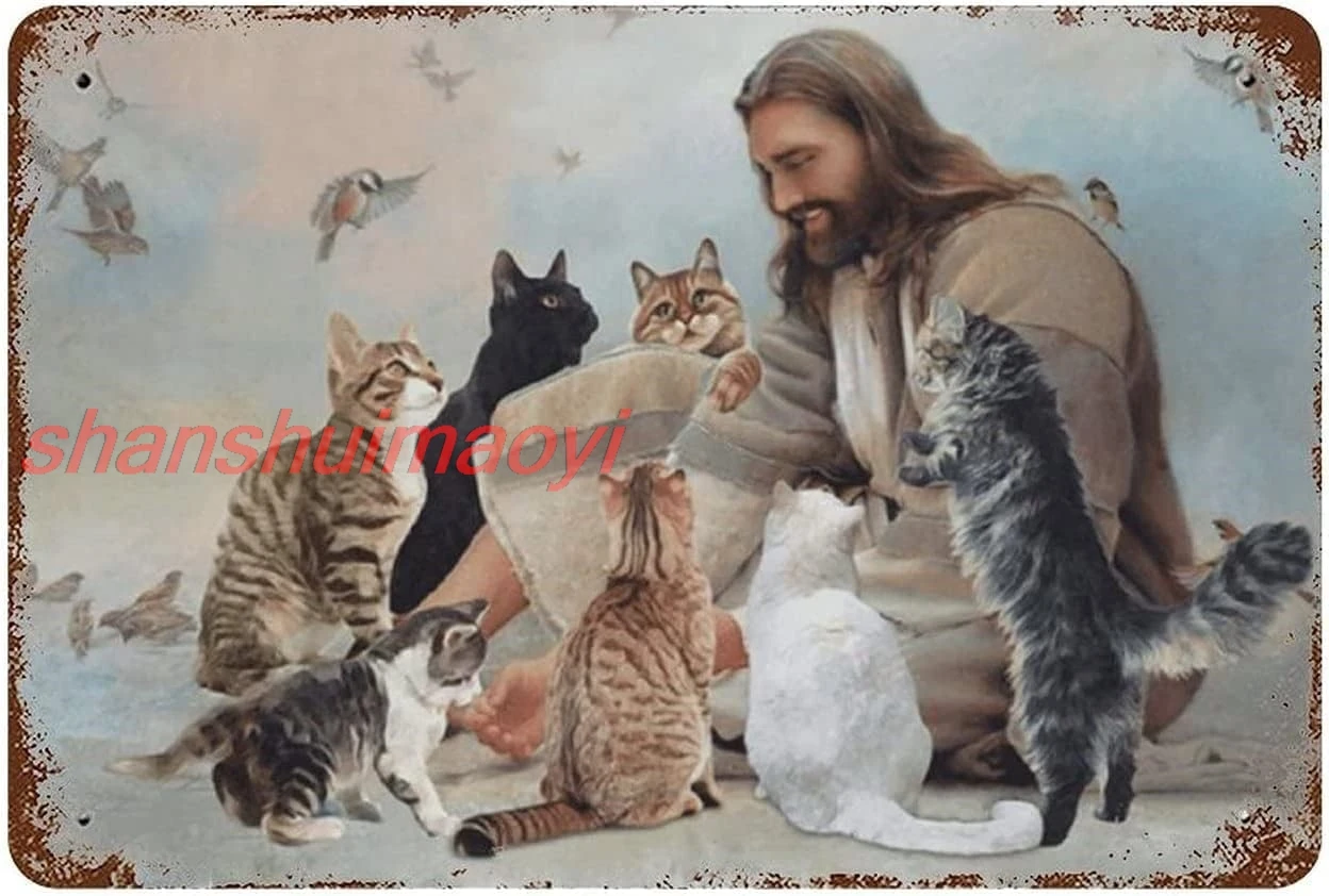 God Surrounded By Cats Angels Hummingbird Cat Lover Antique Tin Sign Bar Poster Metal Wall Plate Vintage Tin Sign Wall  sha sign